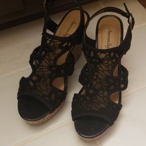 American Eagle black lace wedge sandals